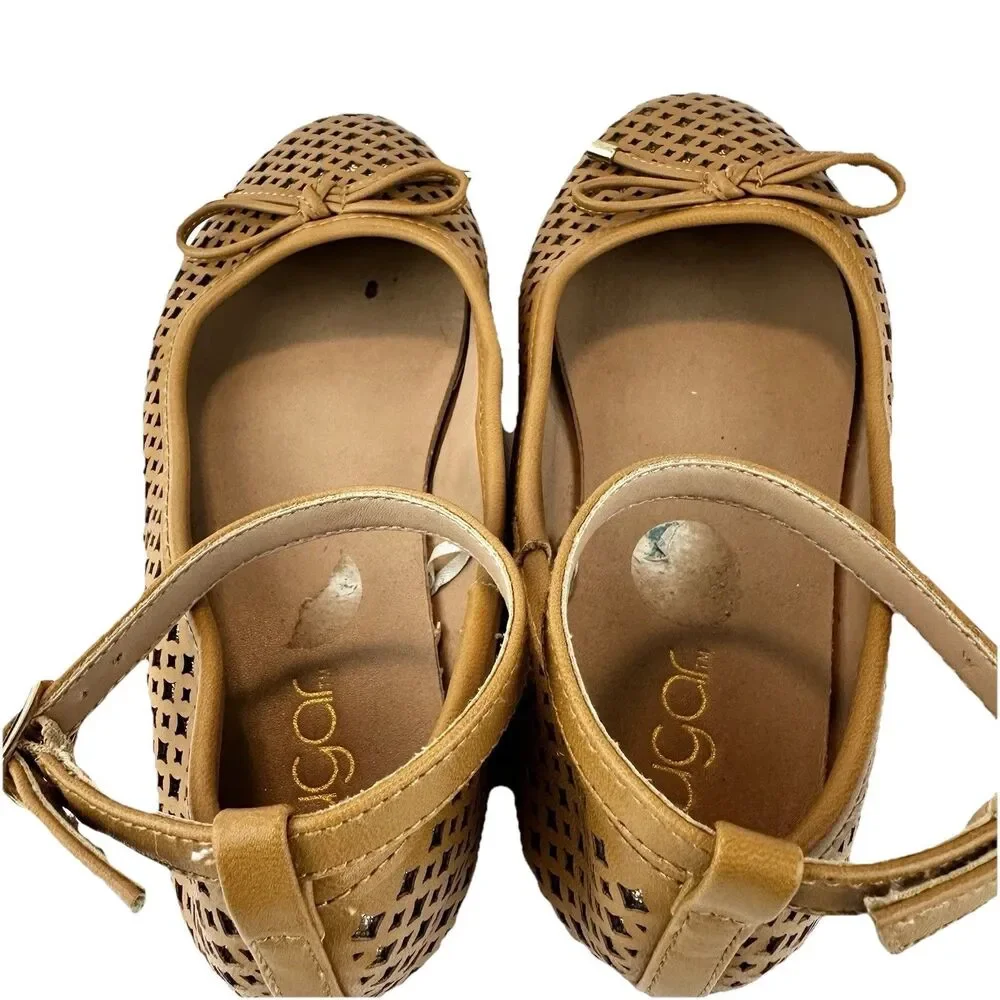 Sugar Evelyn Ballet Flats Girls Sz 2M Tan Brown Buckle Strap Bow Glitter